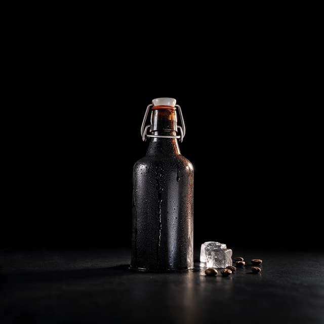 Single unlabelled glass bottle of black cold brew coffee beaded with condensation standing on a jet black surface against a black void