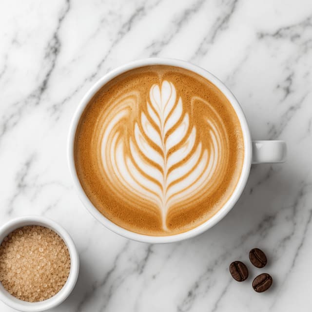 Single latte rosetta art microfoam ceramic cup overhead marble — latte art hero photography