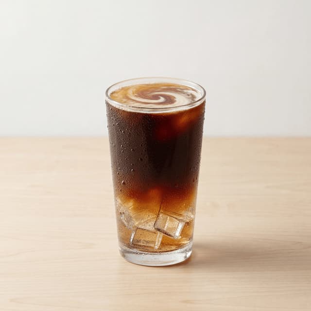 Cold brew coffee tall glass ice cubes condensation light wood — cold brew hero photography