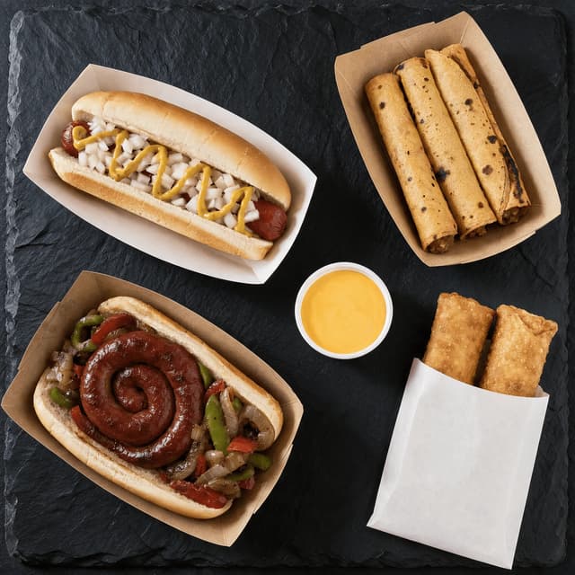 Overhead spread of hot dogs taquitos sausages and egg rolls in separate plain paper trays
