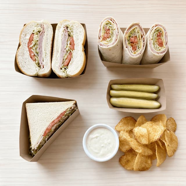 Overhead spread of sub sandwich halves and cut wraps on light wood with pickle spears and crisps