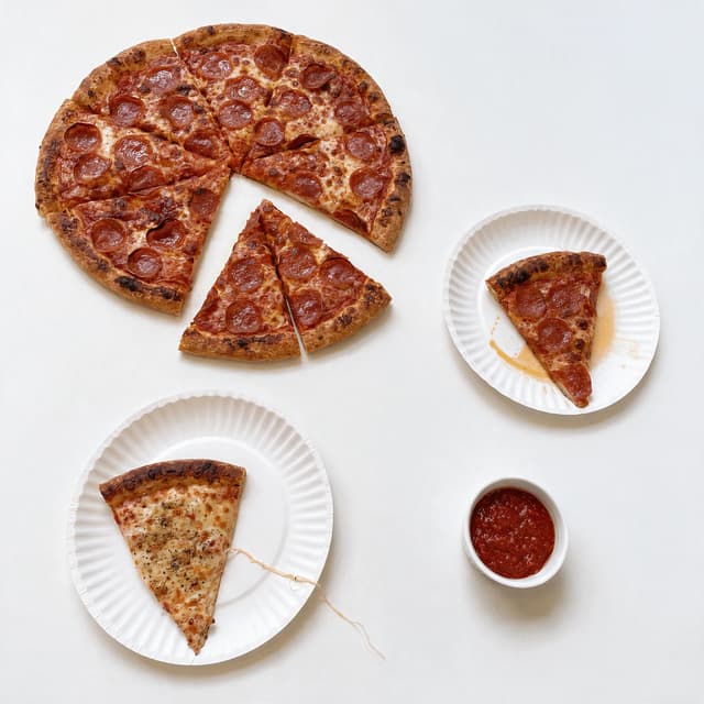 Overhead spread of a whole pepperoni pizza with separated slices on plain white paper plates