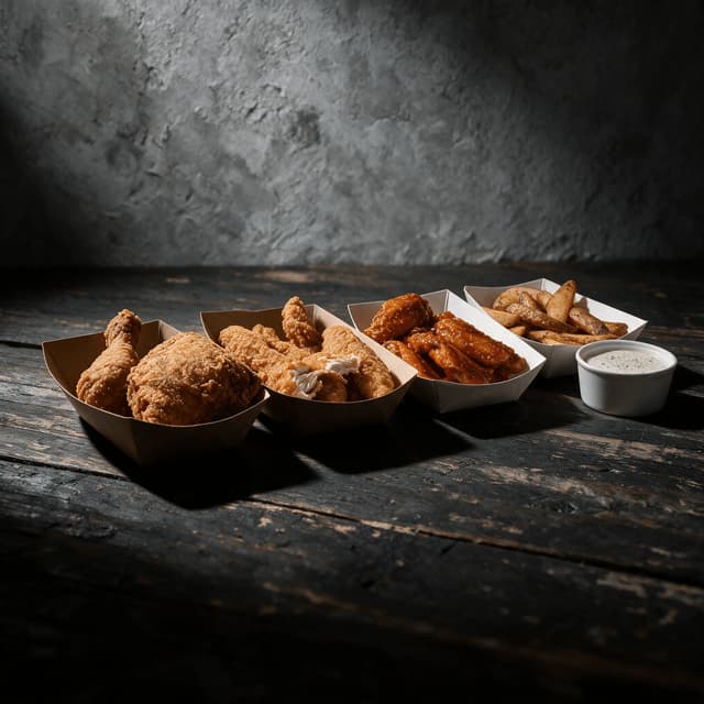Dark spread of fried chicken pieces tenders wings and potato wedges in plain paper boats