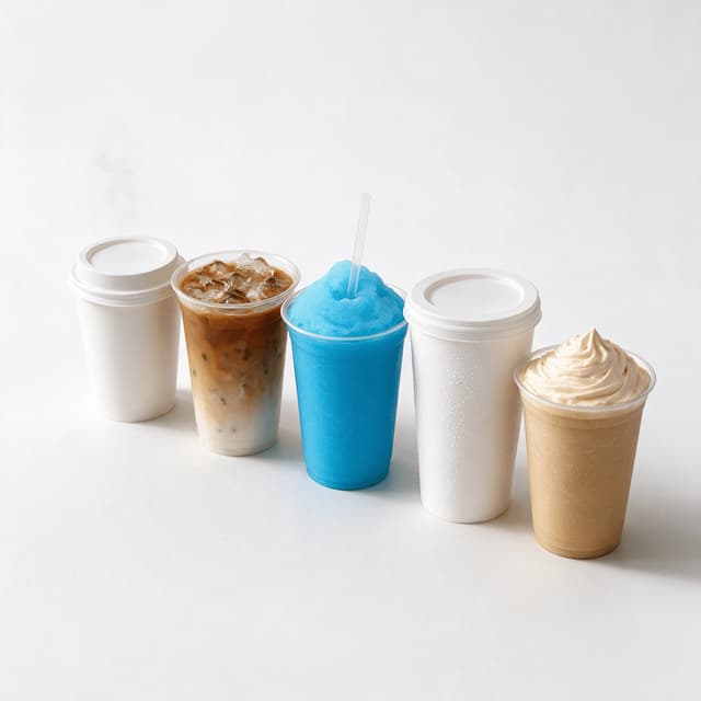 Row of five drink cups including hot coffee iced latte frozen slush and fountain soda on white