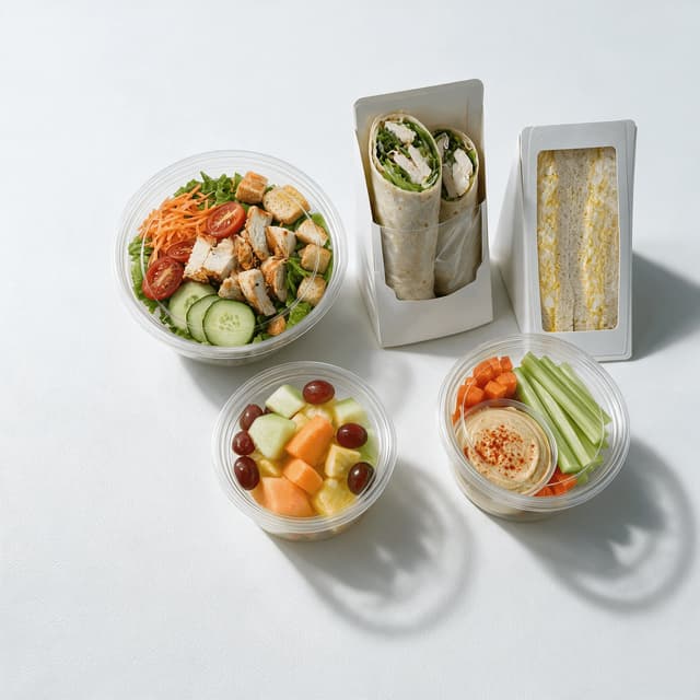 Overhead spread of packaged salad wrap halves fruit cup and sandwich wedge in clear containers