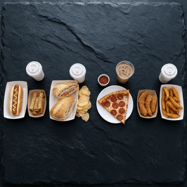 Row of four matched scale foodservice items arranged as separate tiles on a dark stucco surface