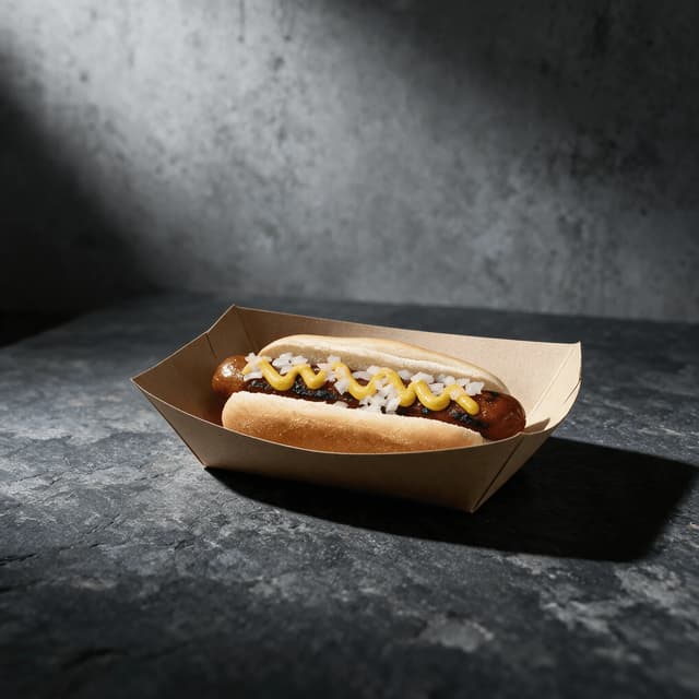Single roller grill hot dog with a mustard stripe and diced onion in a plain paper tray