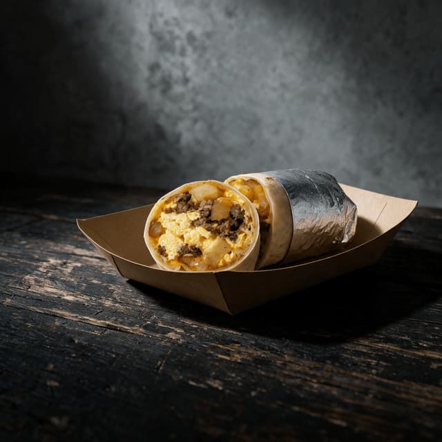 Breakfast burrito cut in half showing scrambled egg sausage cheese and potato in a flour tortilla