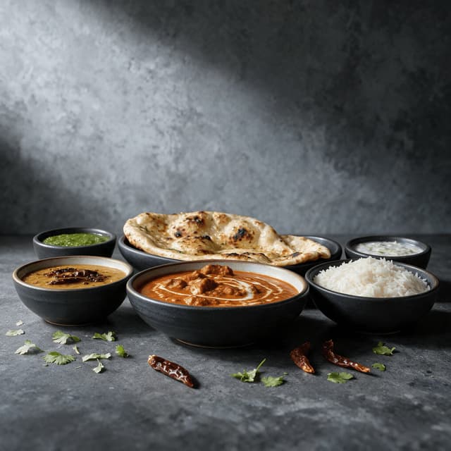 Σταθμός διεθνούς κουζίνας με butter chicken, dal, ρύζι μπασμάτι, naan και μικρά μπολ με chutney