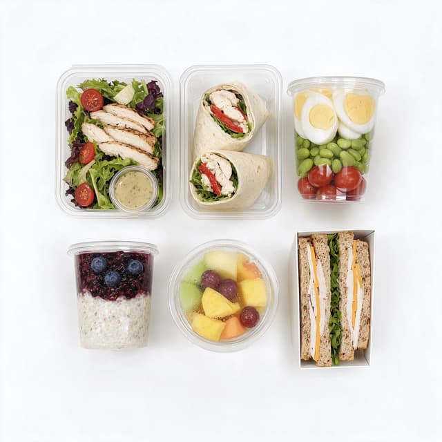 Κάτοψη σετ grab-and-go με σαλάτα σε κουτί, wrap, κεσεδάκι πρωτεΐνης, overnight oats, κύπελλο φρούτων και σάντουιτς