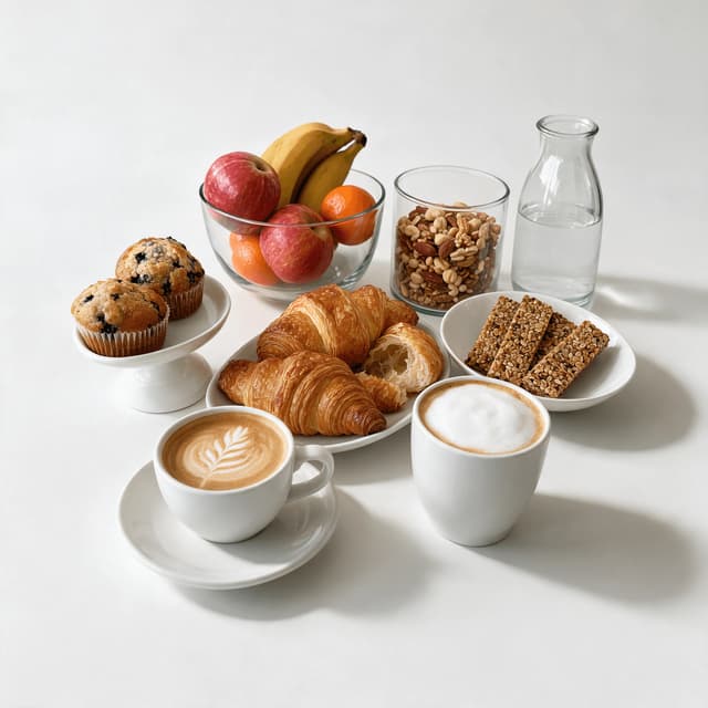 Σύνθεση με καφέ και σνακ: flat white, καπουτσίνο, κρουασάν, μάφιν, μπάρες granola και φρούτα