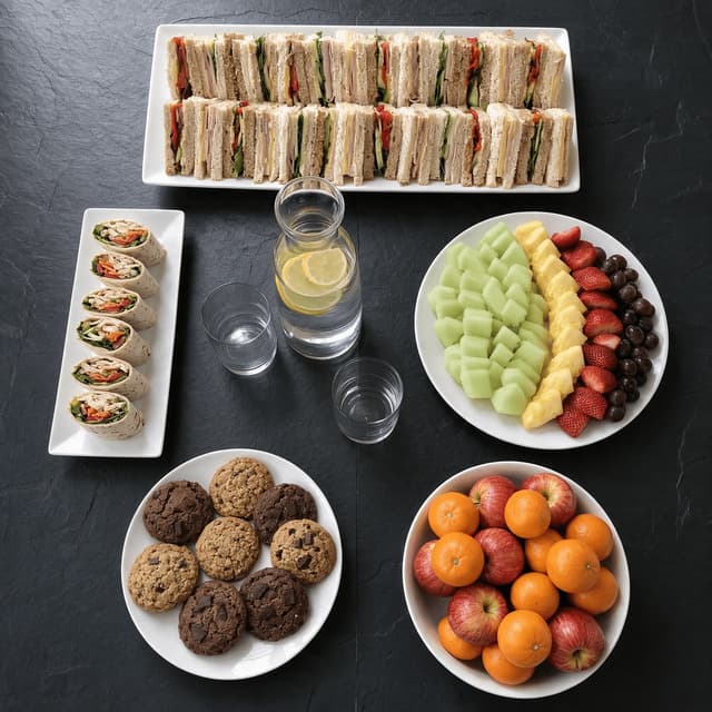 Κάτοψη catering σύσκεψης με πιατέλα σάντουιτς, wraps, πιατέλα φρούτων, μπισκότα και νερό