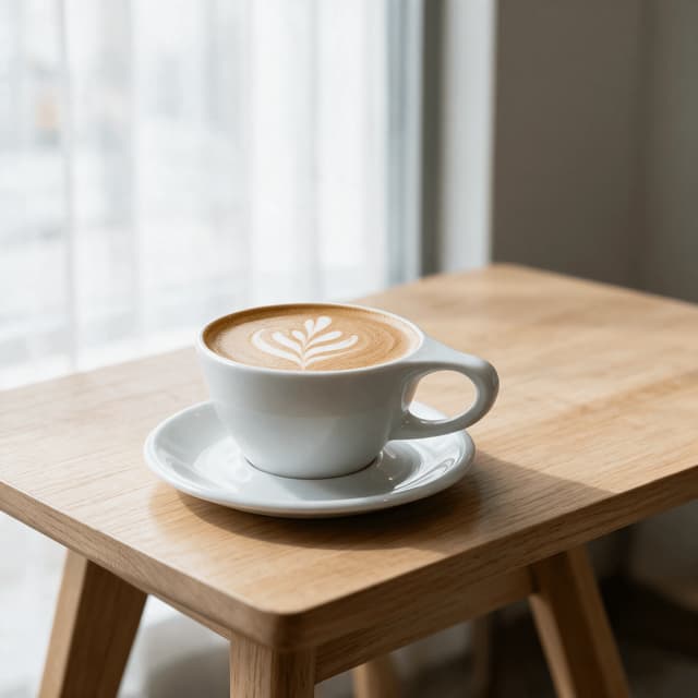 Καφές flat white με χυτό σχέδιο ροζέτας σε λευκό κεραμικό φλιτζάνι πάνω σε ασορτί πιατάκι