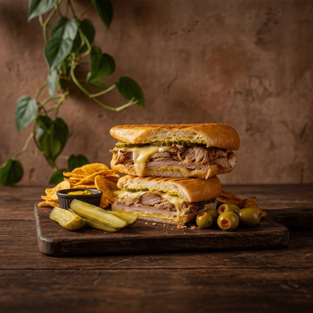 Cuban sandwich cubano cross section stack dramatic rustic plancha pressed — cuban sandwich card photography