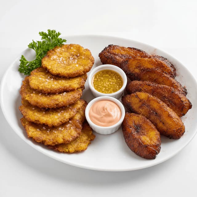 Tostones maduros plantains twice fried green sweet caramelized plate — plantains hero photography