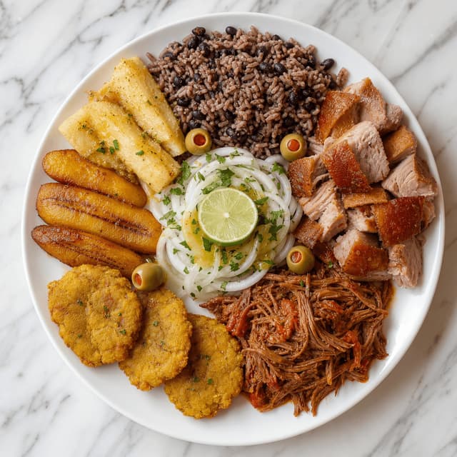 Cuban combo plate moros y cristianos rice beans roast pork yuca overhead marble — cuban plate hero photography