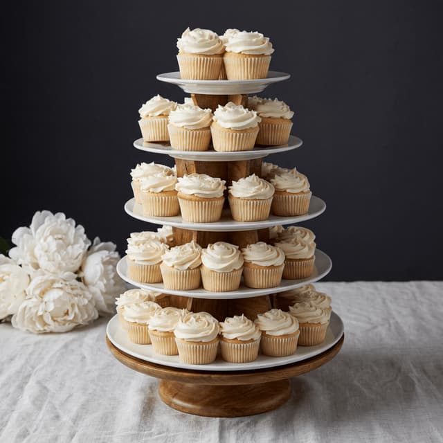 Višekatni bijeli svadbeni toranj cupcakea s cvjetnim pikiranjem — fotografija svadbenog cupcakea