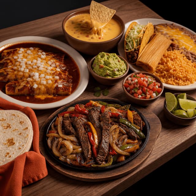 Tex-mex cantina spread fajitas enchiladas queso combo plate dark walnut dallas — tex-mex card photography