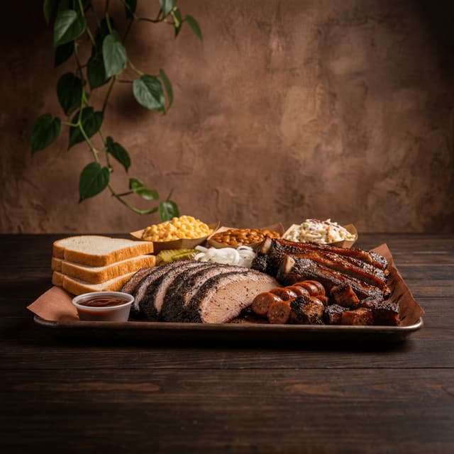 Texas bbq smoked brisket ribs sausage butcher paper tray dallas rustic dark — bbq card photography