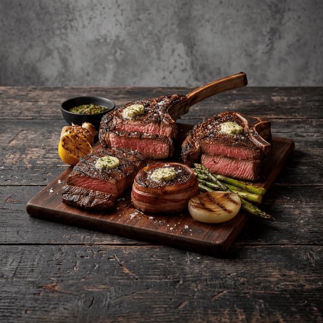 Dallas steakhouse cuts tomahawk ribeye filet sear butter dark monolith — steakhouse card photography