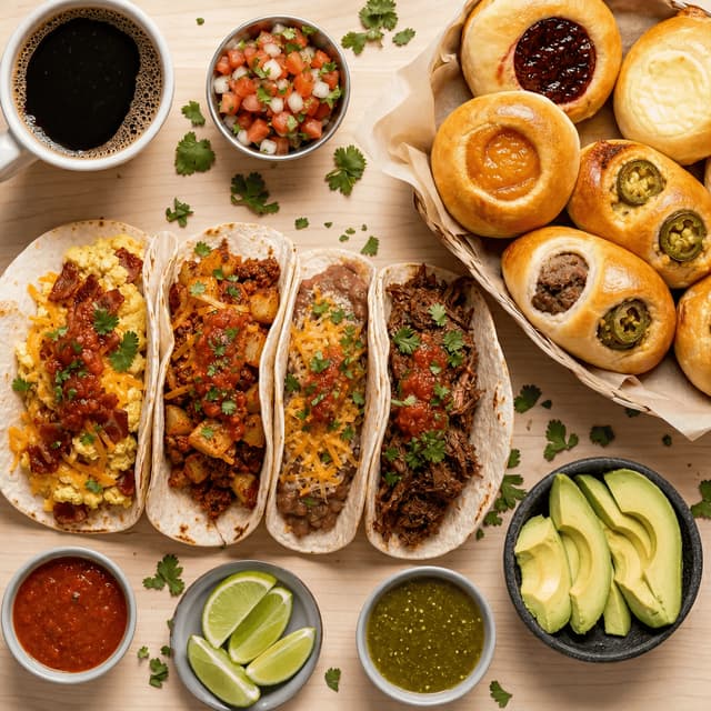 Dallas breakfast tacos kolaches eggs bacon sausage czech texan overhead light wood — breakfast card photography