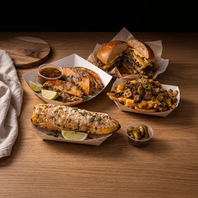 Dallas food truck park eats birria tacos smashburger loaded fries elote cozy warm wood — food truck card photography