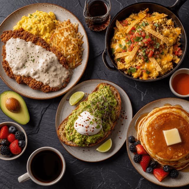 Dallas brunch patio cafe chicken fried steak migas avocado toast pancakes overhead slate — brunch card photography
