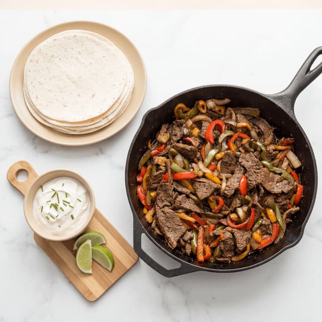 Sizzling beef fajitas cast iron skillet peppers onions tex-mex dallas — fajitas hero photography
