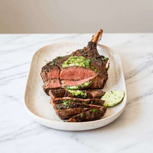 Tomahawk ribeye steak grilled char bone dallas steakhouse plate — tomahawk hero photography