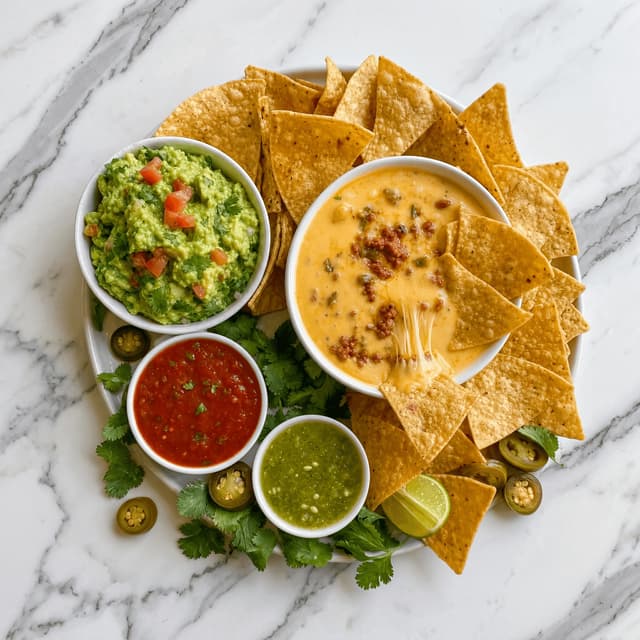 Chips queso guacamole salsa tex-mex starter overhead dallas marble — queso hero photography