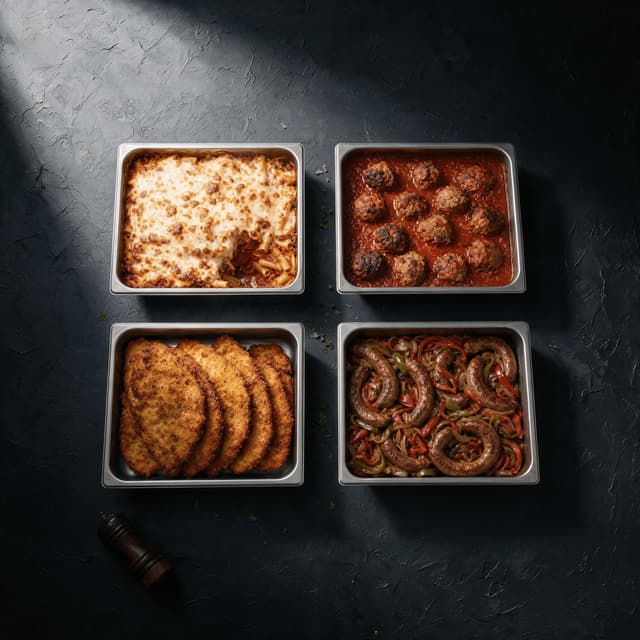 Four separate steam table trays of hot deli food arranged apart from each other on a dark textured surface from overhead