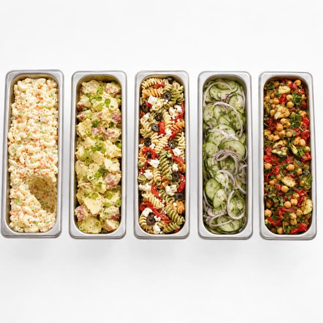 Five deli salads in separate stainless case pans spread evenly across a clean white surface photographed from directly above