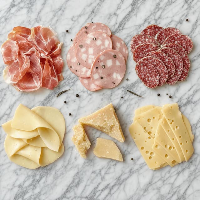 Fanned piles of sliced cured meats and wedges of cheese spread evenly across white marble photographed from directly above