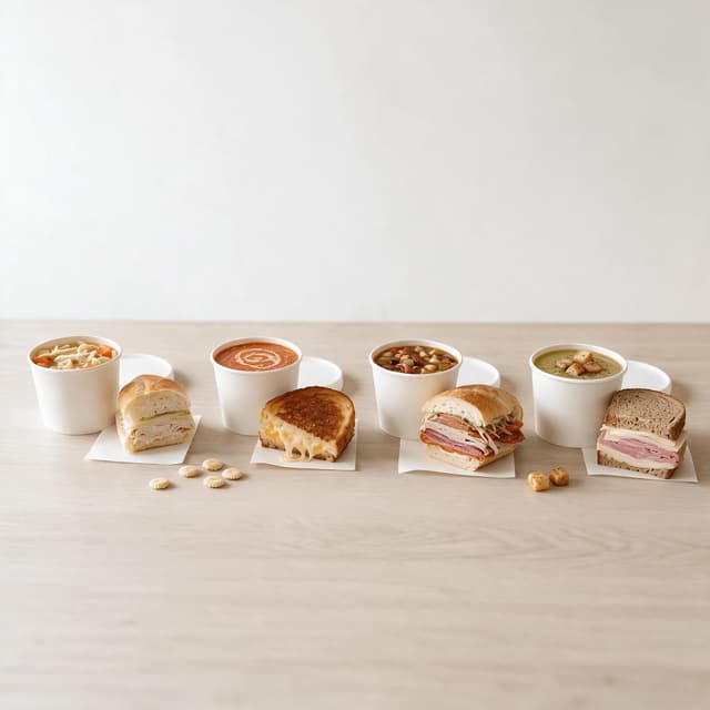 Four soup cups paired with sandwich halves spread apart across pale blonde wood in a low angle lunch deal set