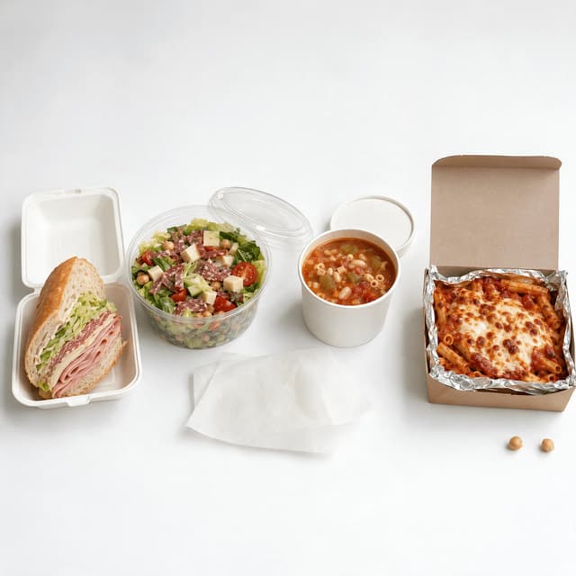 Four packaged deli orders spread evenly across a seamless white sweep shot from a high three quarter angle