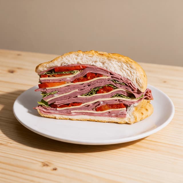 Overstuffed Italian sub cut on a steep bias with layered salami capicola and provolone facing the camera on a pale pine counter