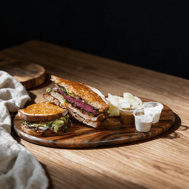 Tall stack of hand carved hot pastrami between two slices of seeded rye bread with steam rising on dark oak