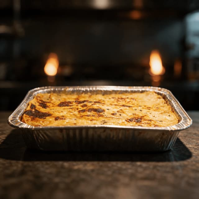 Full steam table tray of baked ziti with a browned bubbling cheese crust and one corner portion already served out