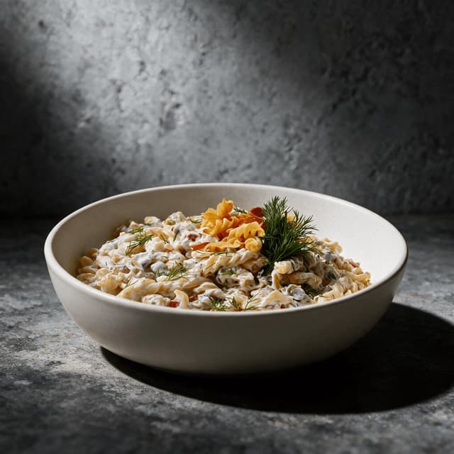 Stainless case pan filled with creamy elbow macaroni salad flecked with celery and carrot with a freshly scooped surface