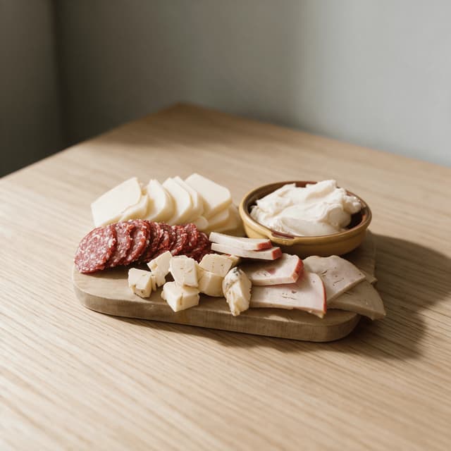 Deli board of sliced salami provolone cubed cheese and fresh-sliced deli meats with a bowl of soft cheese spread on blonde oak