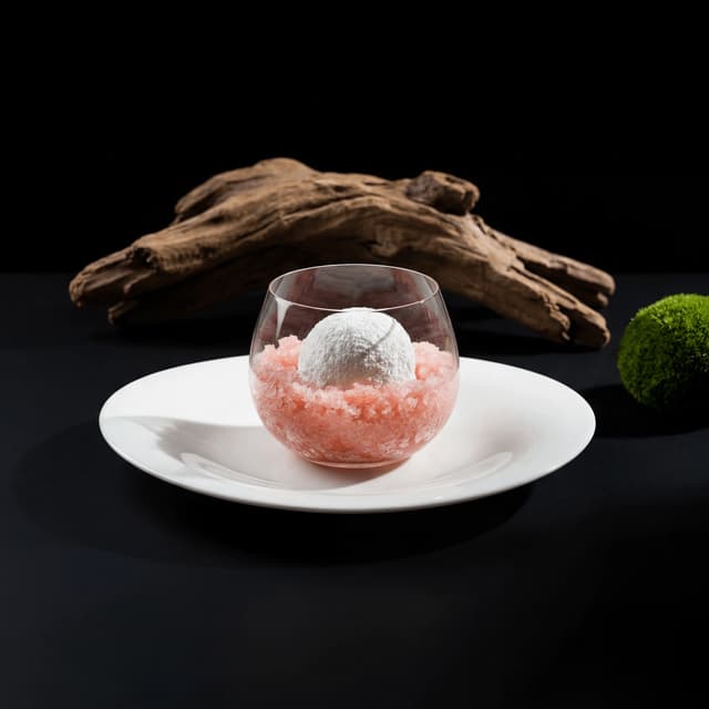 Poached meringue snow egg sphere over guava granita and custard apple ice cream in crystal tumbler — Australian plated dessert photography