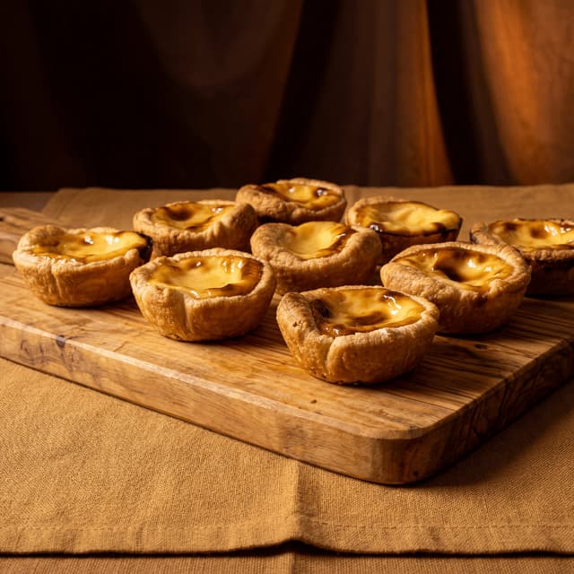 Portuguese custard tarts with caramelized scorched tops and cinnamon dust on azulejo tile plate — classical European pastry photography