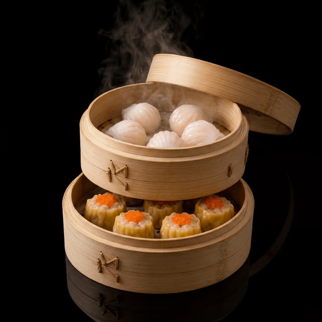 Two tier bamboo steamer basket har gow siu mai dim sum — steamer basket card photography
