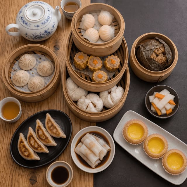 Shared dim sum table multiple bamboo steamers tea overhead — shared table abundance card photography