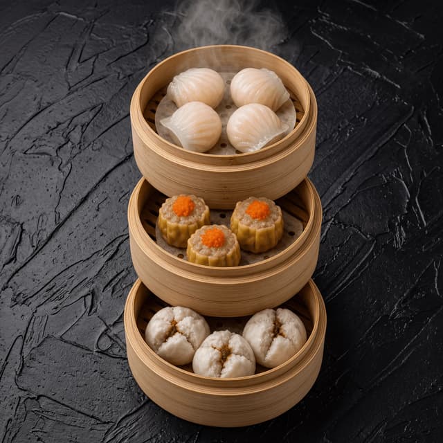 Three tier bamboo steamer dim sum tower steam rising har gow siu mai char siu bao — Cantonese yum cha hero photography