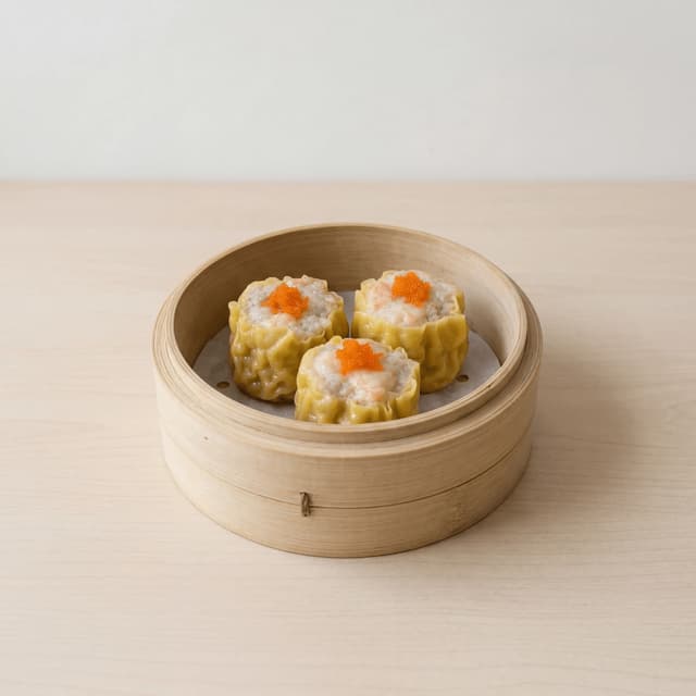 Siu mai open top pork shrimp tobiko orange crown — Cantonese siu mai hero photography