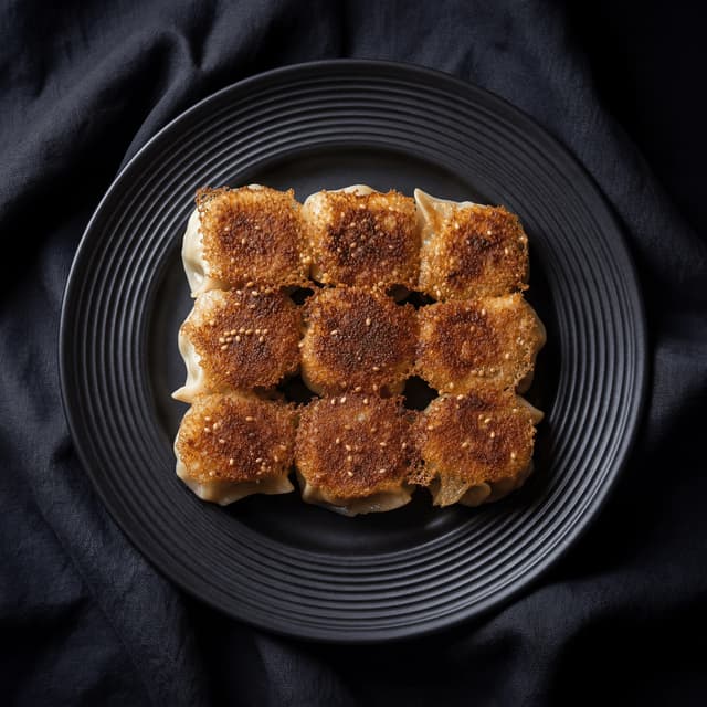 Crispy pan fried potstickers golden brown bottoms sesame seeds — Cantonese pan-fried dumpling hero photography