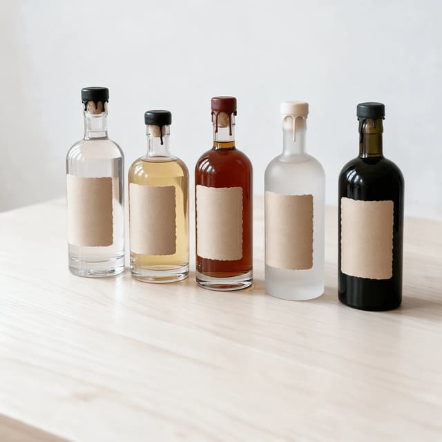 Line-up of five unbranded spirits bottles in different glass colours standing together on pale oak