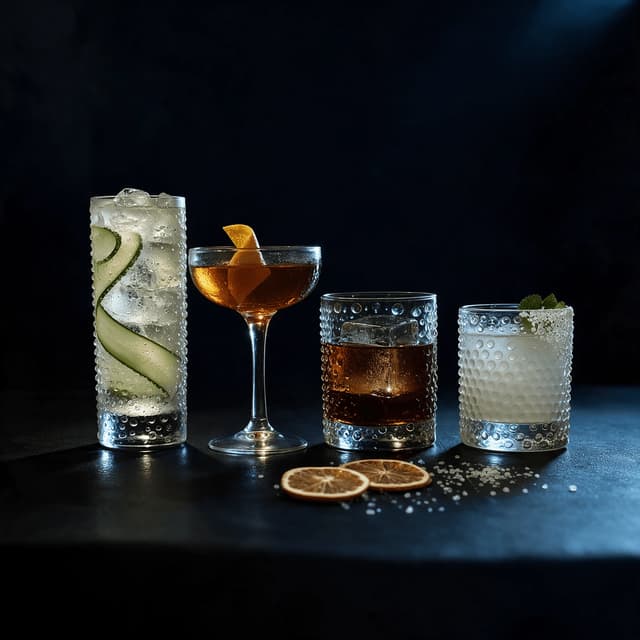Four different finished cocktails in varied clear glassware with garnishes and dried citrus arranged together on a dark moody surface