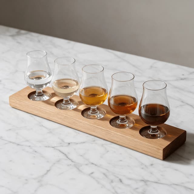 Flight of five tasting glasses graded from clear to dark amber in an oak flight board on honed white marble